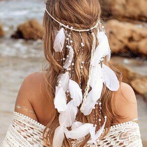 Feather Headband Boho White Gypsy Tassel Headdress for Women Festival